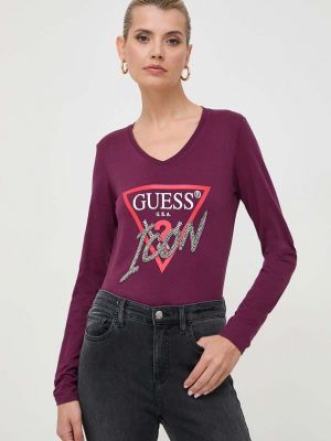 Bombažna majica z dolgimi rokavi z dolgimi rokavi Guess vijolična