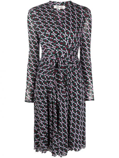 Dlouhé šaty s potiskem s výstřihem do v s dlouhými rukávy Dvf Diane Von Furstenberg - nachový