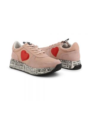 Haftowane sneakersy skórzane w serca Love Moschino różowe