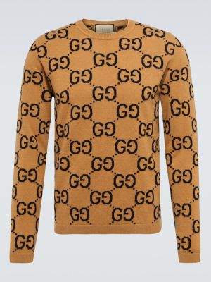 Sweter wełniany żakardowy Gucci beżowy