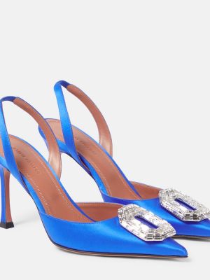 Копринени сатенени полуотворени обувки с отворена пета Amina Muaddi синьо