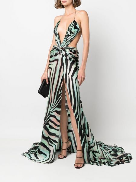 Sukienka wieczorowa z otwartymi plecami z nadrukiem w zebrę Roberto Cavalli zielona