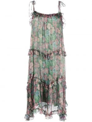 Sukienka midi w kwiatki z nadrukiem z falbankami Pnk zielona