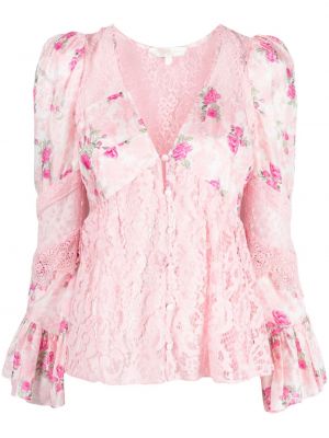 Копринена блуза на цветя с дантела Loveshackfancy розово