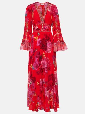Robe longue en soie à fleurs Camilla rouge