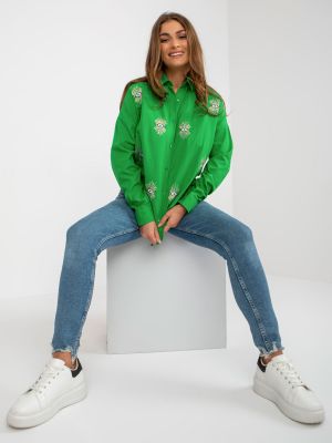 Haftowana koszula na guziki oversize Fashionhunters zielona