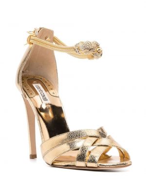 Leder sandale mit kristallen Roberto Cavalli gold