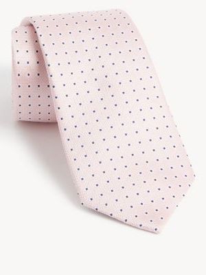 Mens M&S Collection Woven Polka Dot Pure Silk Tie - ,  M&s Collection - Różowy