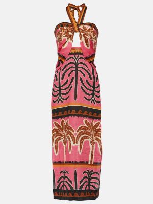 Lněné dlouhé šaty s potiskem Johanna Ortiz růžové