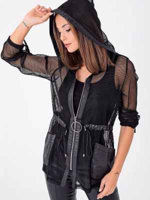 Lakovaná kožená bunda s kapucí s kapsami By Saygı černá