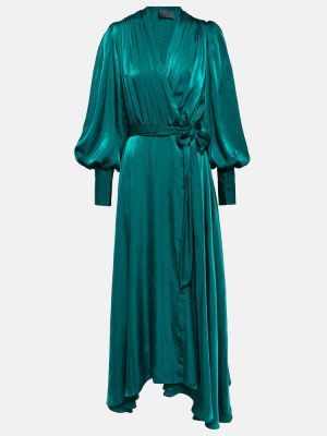 Satynowa sukienka midi drapowana Costarellos zielona