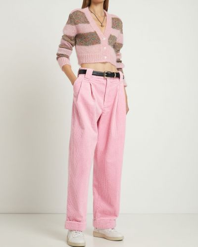 Pantaloni cu picior drept de catifea cord din bumbac Ganni roz