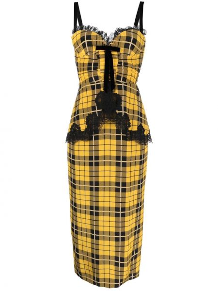 Καρό κοκτέιλ φόρεμα με δαντέλα Alessandra Rich κίτρινο