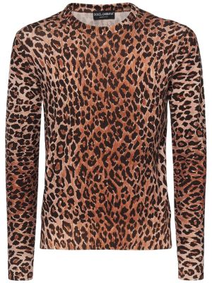 Вълнен пуловер с принт с леопардов принт Dolce & Gabbana кафяво