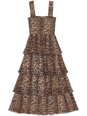 Midi šaty s potlačou s leopardím vzorom Ganni hnedá