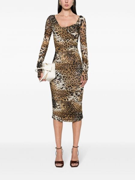 Tīkliņa midi kleita ar apdruku ar leoparda rakstu Roberto Cavalli brūns
