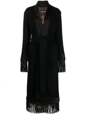 Vlněný kabát s třásněmi Roberto Cavalli černý