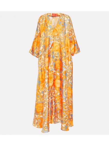 Virágos selyem hosszú ruha La Doublej narancsszínű
