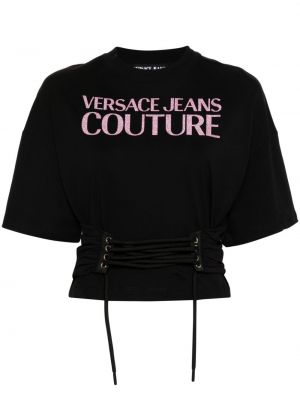 Тениска с връзки с дантела Versace Jeans Couture черно