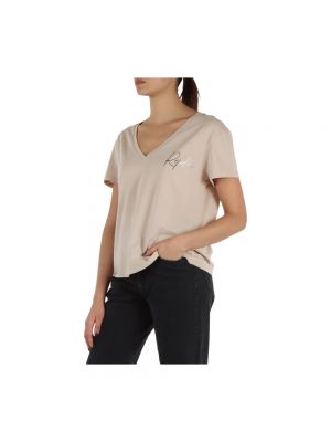 Camiseta de algodón con escote v Replay beige
