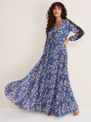 Длинное платье в цветочек с принтом с длинным рукавом Phase Eight синее