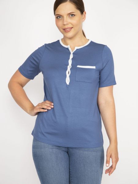 Niebieska koszulka na guziki z krótkim rękawem z kieszeniami Sans