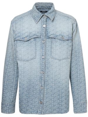 Žakárová bavlnená rifľová košeľa Balmain modrá