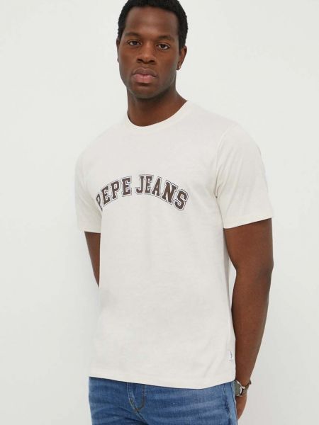 Памучна тениска с дълъг ръкав с принт Pepe Jeans бежово