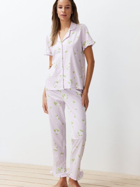 Pijamale din bumbac cu model floral tricotate Trendyol roz