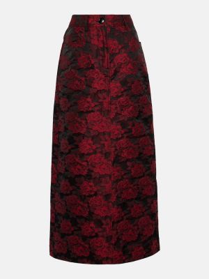Žakárová kvetinová dlhá sukňa Ganni červená