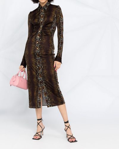 Vestido camisero de cuero de estampado de serpiente Versace marrón