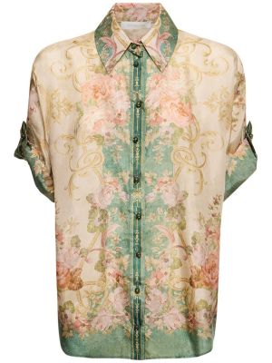 Camisa de seda de flores manga corta Zimmermann caqui