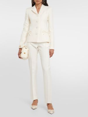 Копринени вълнени прав панталон с висока талия Valentino бяло