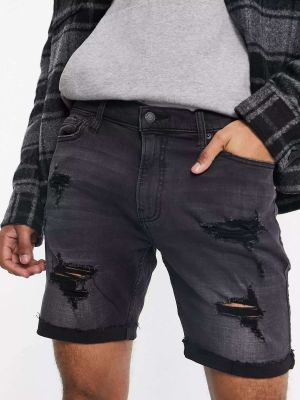 Черные джинсовые шорты скинни с потертостями Hollister