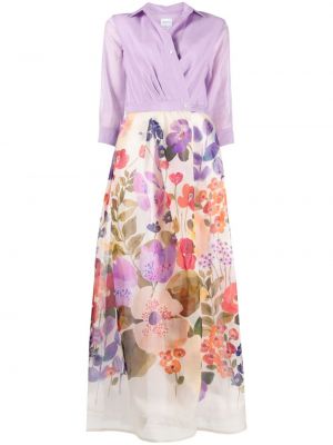 Копринена рокля тип риза на цветя с принт Sara Roka виолетово