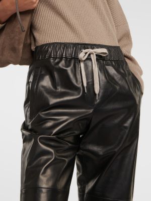 Pantaloni cu picior drept din piele Brunello Cucinelli negru