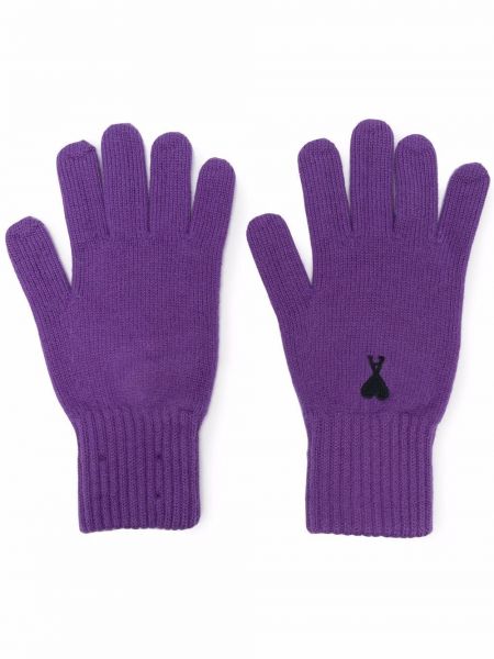 Haftowane rękawiczki z wełny merino Ami Paris fioletowe