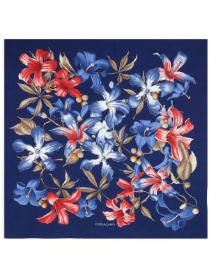 Svilen šal s cvetličnim vzorcem s potiskom Ferragamo modra