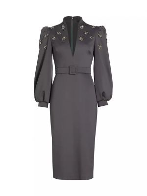 Платье-пальто с поясом и брошью Badgley Mischka серый