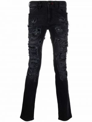 Skinny džíny s dírami se síťovinou Philipp Plein černé