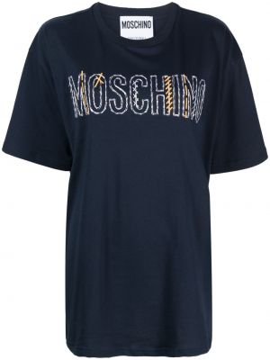 Памучна тениска бродирана Moschino синьо
