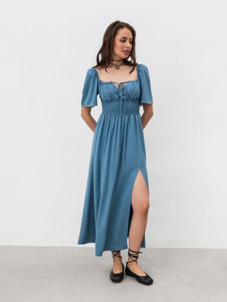 Платье миди из вискозы ромашка голубое