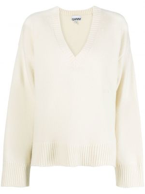 Плетен пуловер с v-образно деколте Ganni бяло