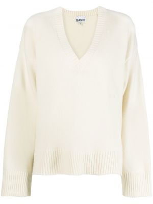 Pull en tricot à col v Ganni blanc