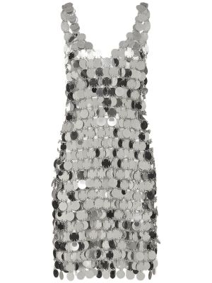 Stříbrné mini šaty s flitry s výstřihem do v Paco Rabanne