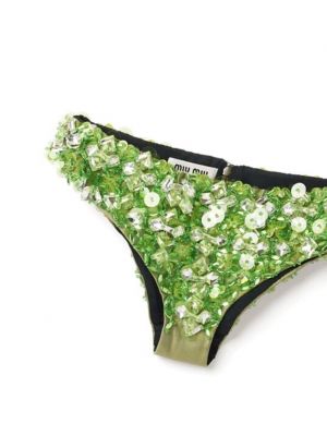 Hedvábné kalhotky s výšivkou s korálky Miu Miu zelené