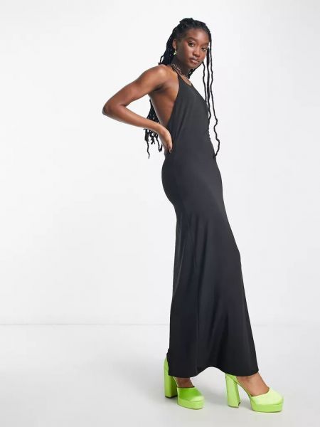 Длинное платье с вырезом на спине с глубоким декольте Weekday черное