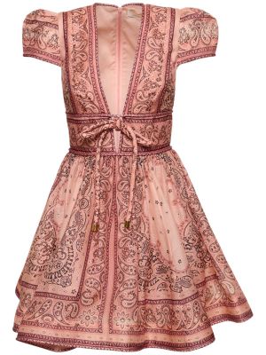 Lenvászon mini ruha Zimmermann rózsaszín