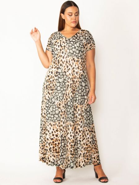 Leopardí šifonové dlouhé šaty s výstřihem do v şans hnědé