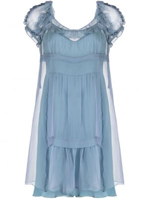 Jedwabna sukienka z falbankami Christian Dior niebieska